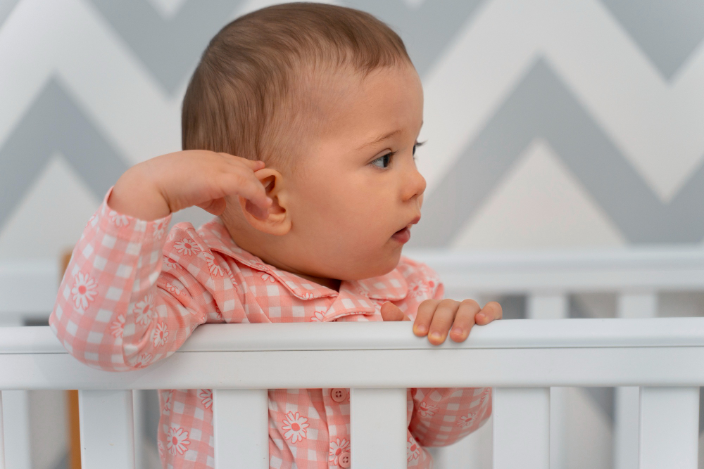 bimbo che si tocca le orecchie prima che la mamma le pulisca